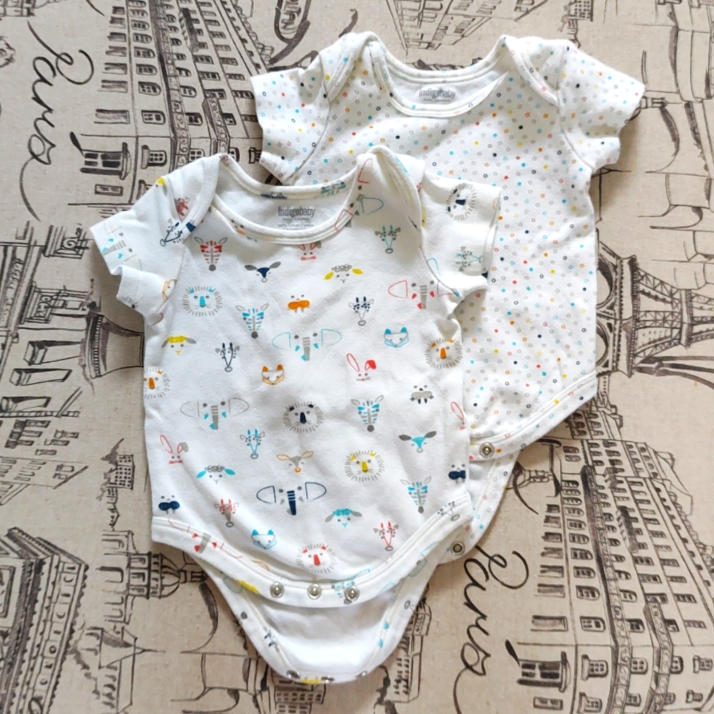 Indigo Baby set of 2 onesie, 3-6m, white with animals and polka dots